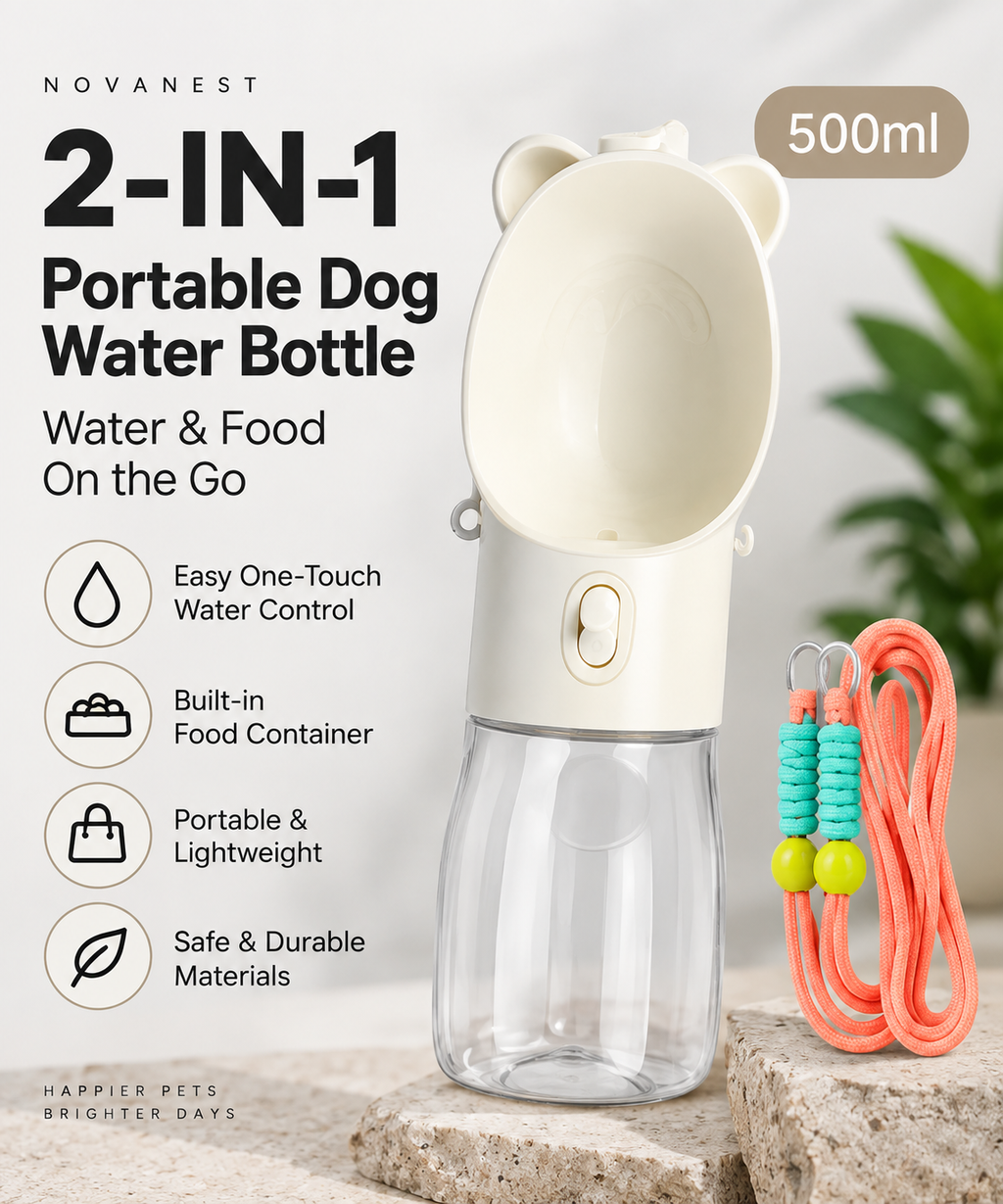 2-IN-1 Portable Dog Water Bottle product shot with lanyard