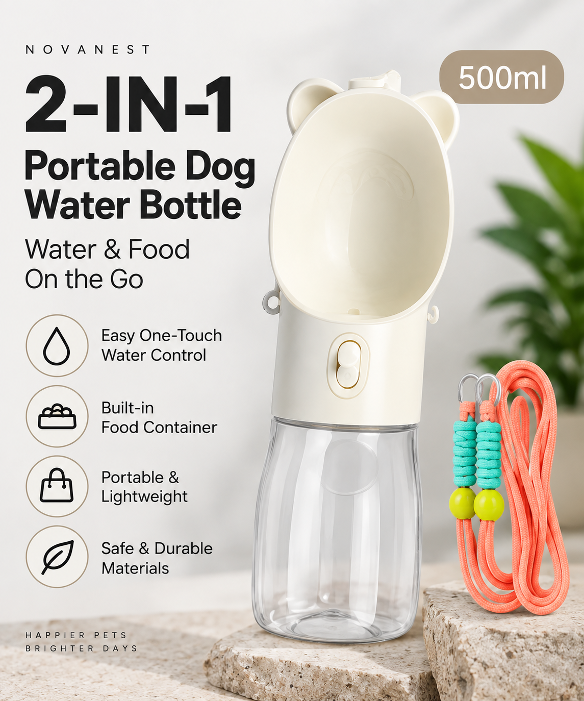2-IN-1 Portable Dog Water Bottle product shot with lanyard