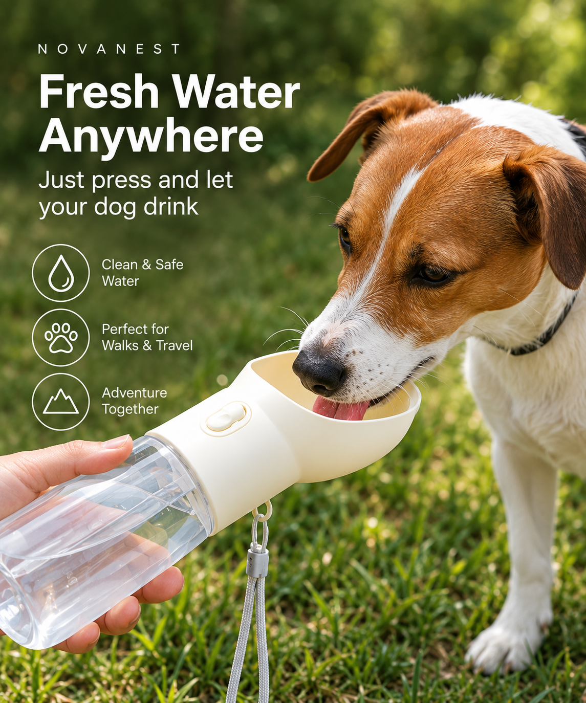 Dog drinking from NovaNest portable water bottle