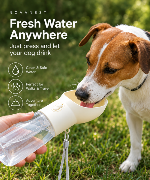 Dog drinking from NovaNest portable water bottle